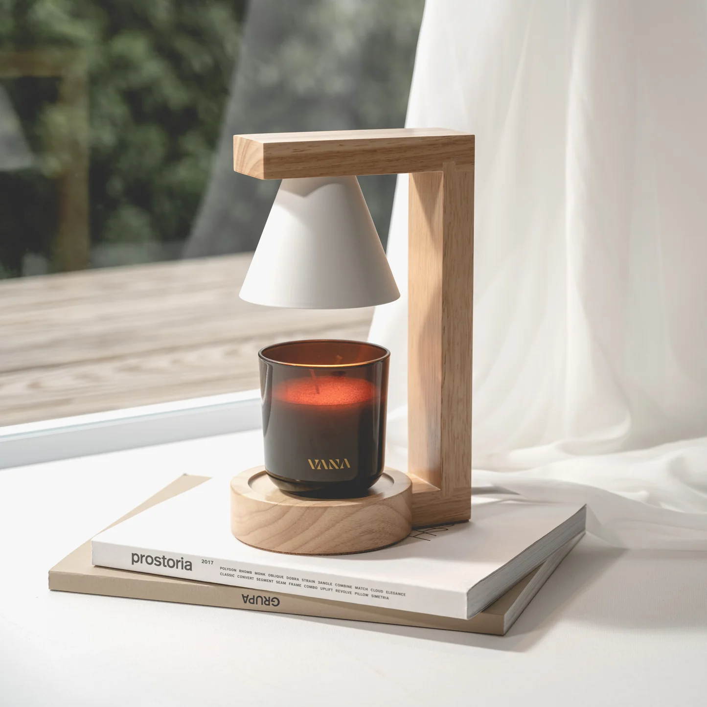 Lampe chauffe-bougies style japonais en bois