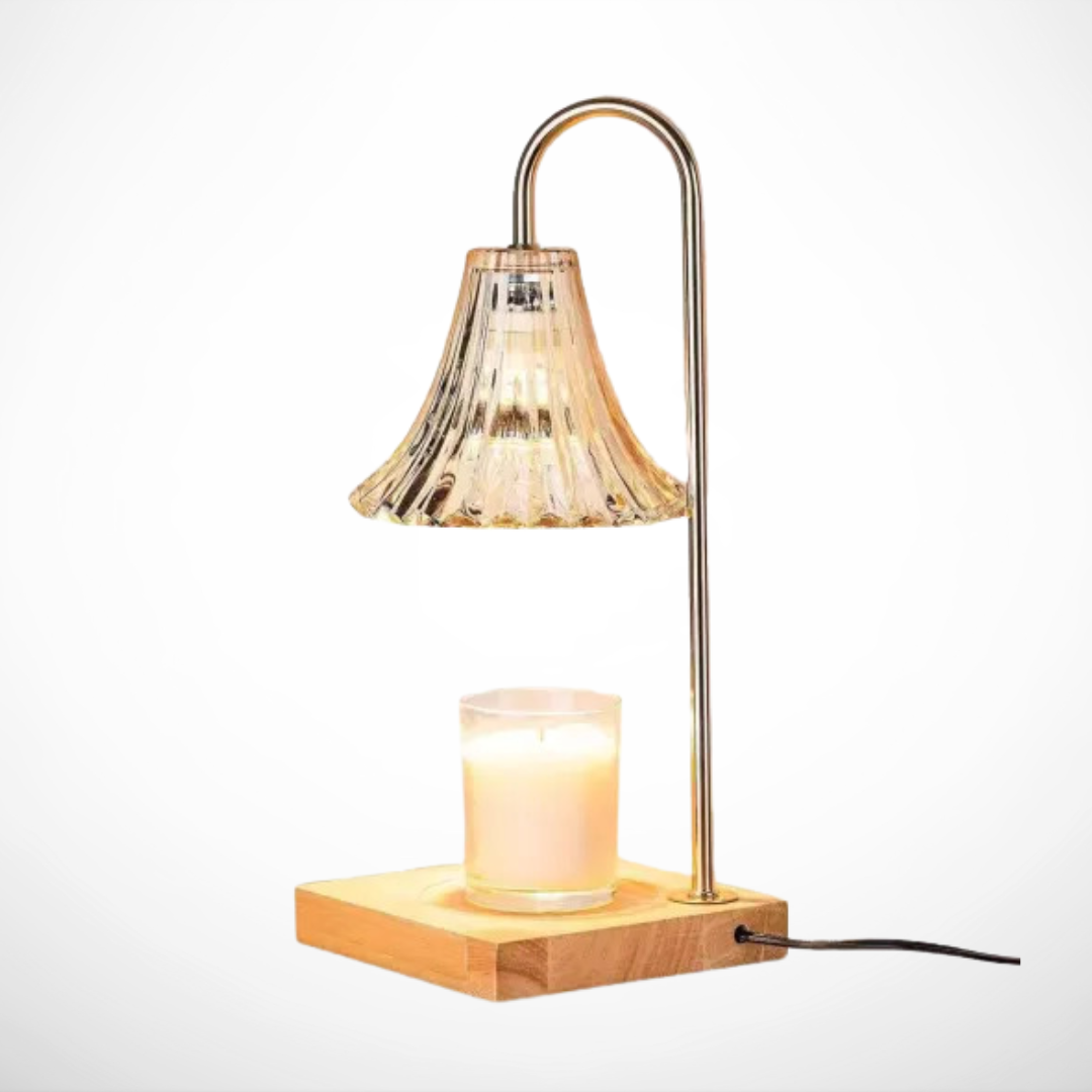 Lampe chauffe-bougies en verre et bois